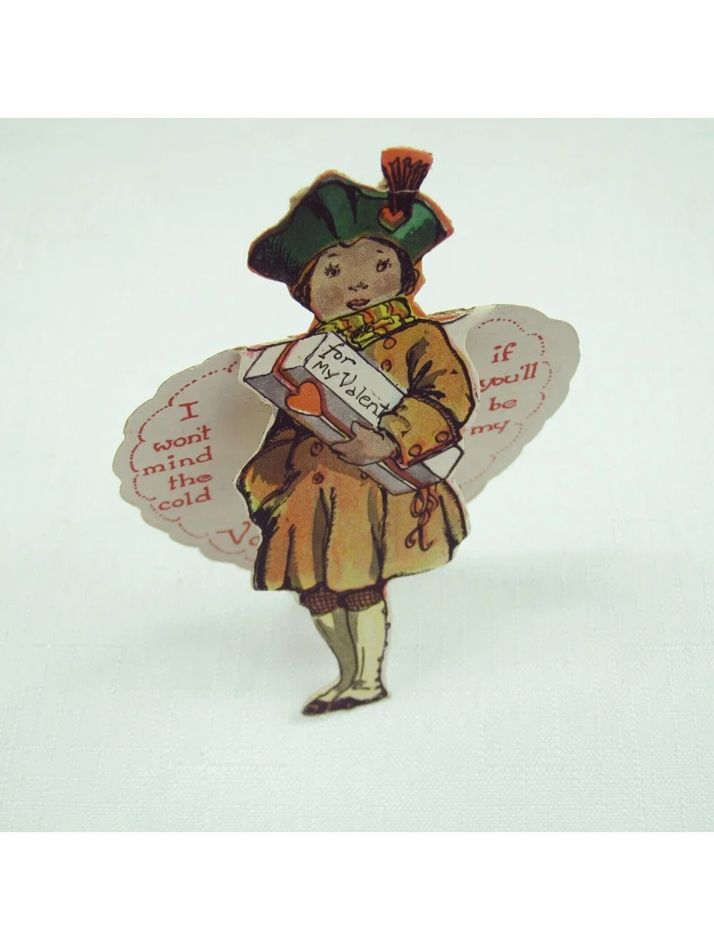 Vintage Valentine Black Americana Girl Green Beret Hat Red Heart Cutout Stand Up